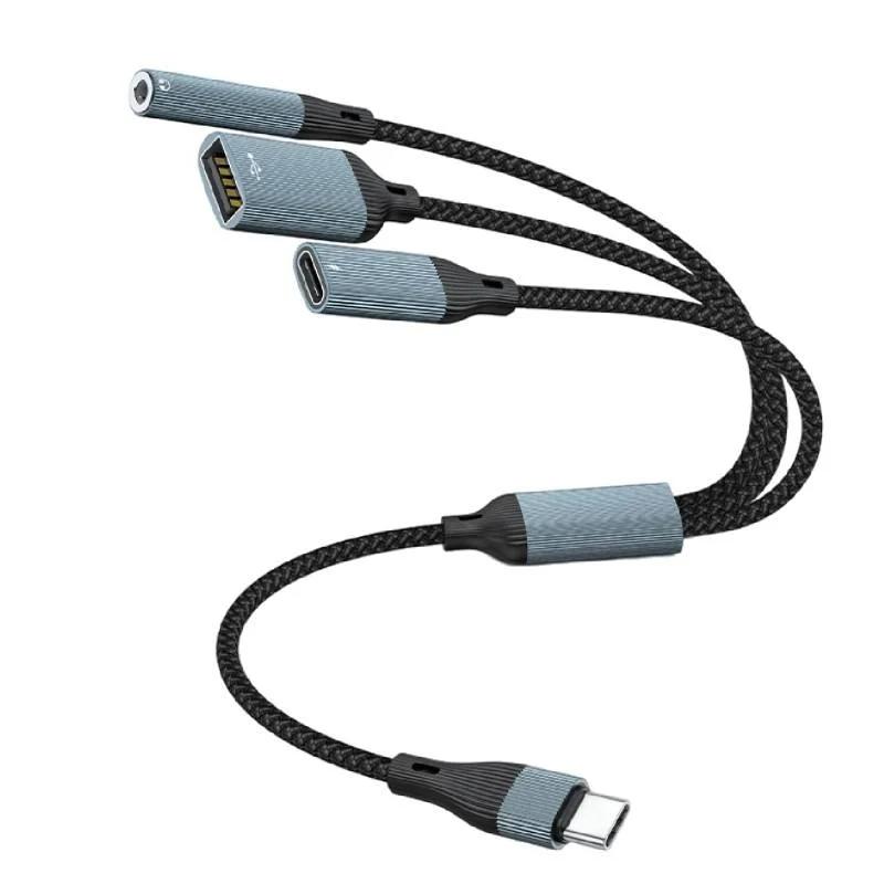 NÖRDIC USB-C Hubb 1 till 3, 1xUSB-A 1xUSB-C PD60W 1x3,5mm hörlursuttag OTG Kabel