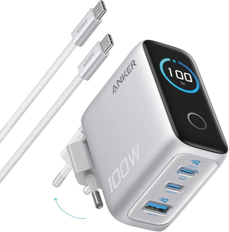 Anker Laddare 100W USB-C Ultra-kompakt 3-portars GaN-snabbladdare för vägguttag med smart display och touchkontroll