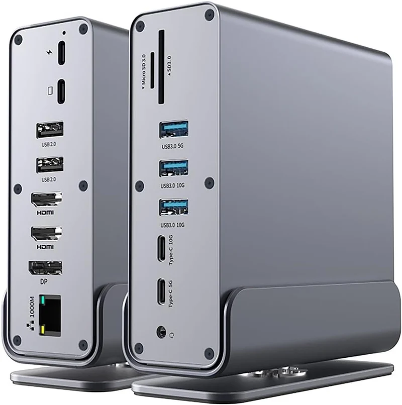 15 i 1 USB-C Dockningsstation 4K@30Hz HDMI och DisplayPort, 3xUSB 3.0, 2xUSB 2.0, PD 100W laddning, 1000Mbps RJ45 Ethernet för Windows och MacOS