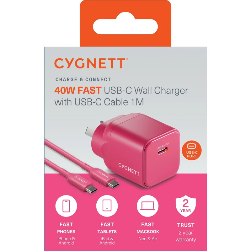 Cygnett Charge & Connect 40W Wall Charger with 1m C-C Cable (Pink)