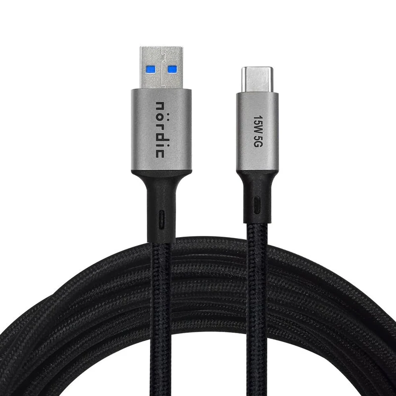 NÖRDIC 5m USB3.2 Gen1 USB-C till A nylonflätad kabel snabbladdning 3A 5Gbps 15W grå