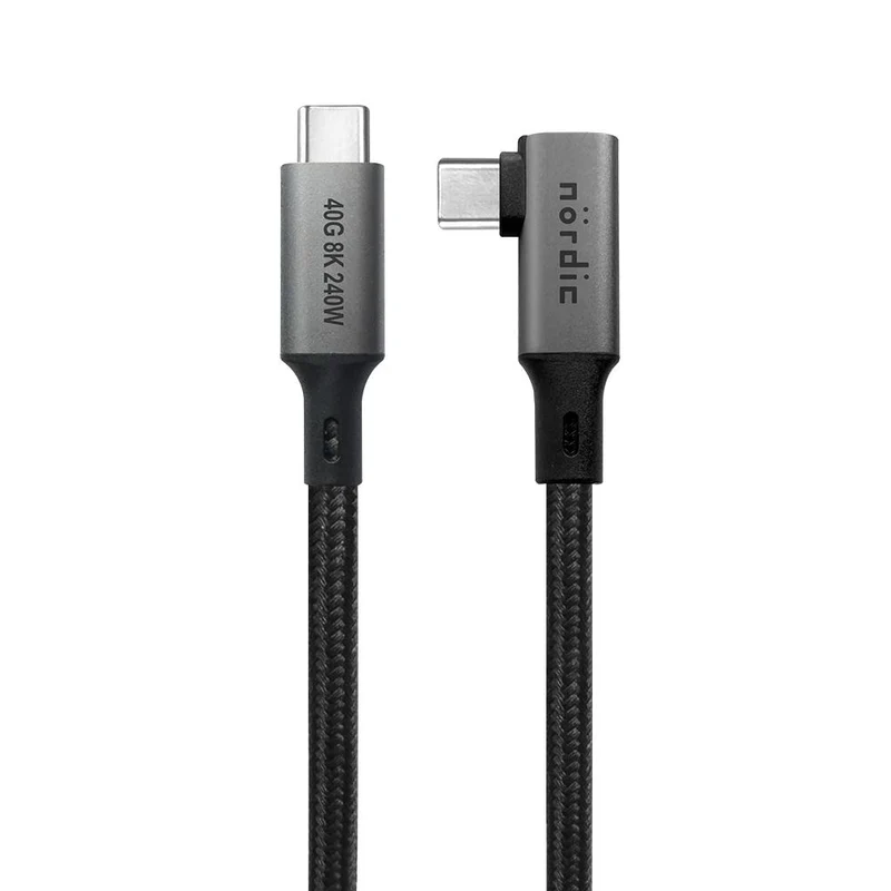 NÖRDIC vinklad 1m USB4 USB-C till C nylonflätad kabel PD3.1 240W 40G 8K60Hz 4K144Hz grå