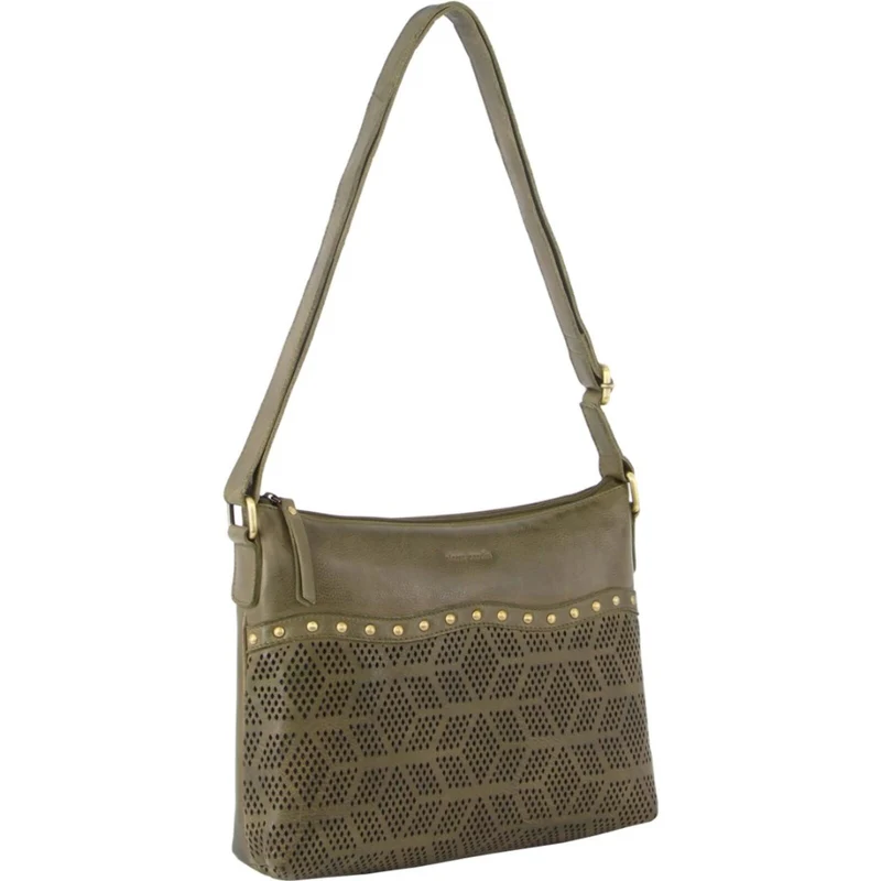 Pierre Cardin Womens Leather Perforated Cross Body Bag with Stud Detailing Travel - Olive