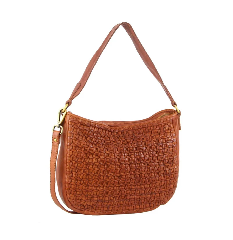 Pierre Cardin Woven Leather Ladies Crossbody Messenger Bag Travel - Cognac