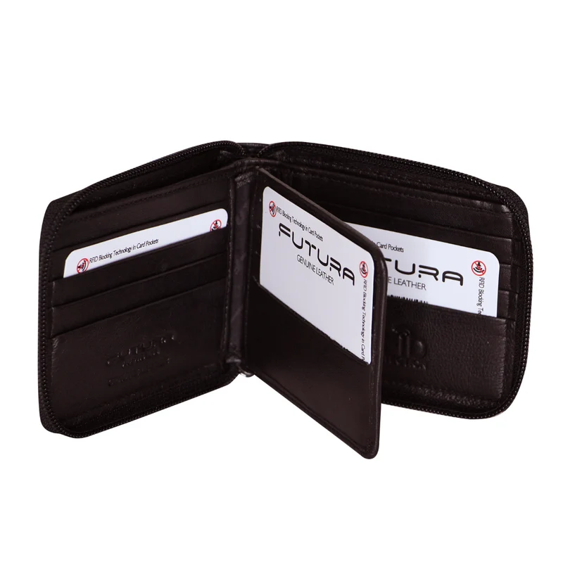 Futura Mens RFID Protected Genuine Leather Wallet Zip Around - Brown