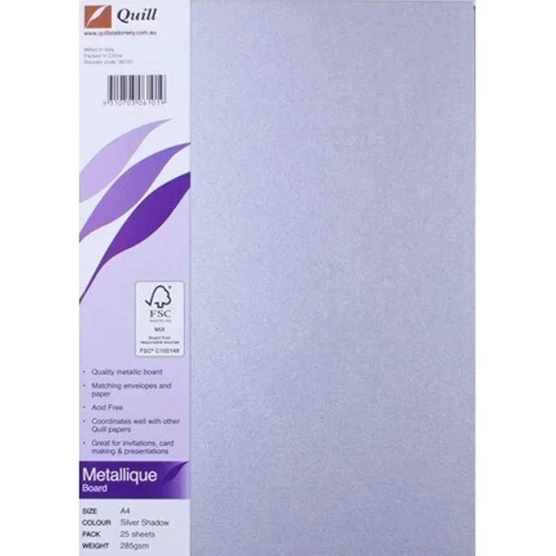 Quill Metallique Board Paper 285GSM A4 Silver Shadow Pack 25