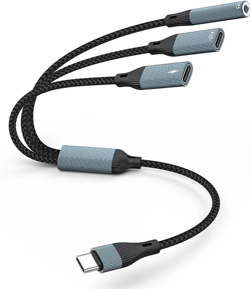 NÖRDIC USB-C Hubb 1 till 3, 1xUSB-C 1xUSB-C PD60W 1x3,5mm hörlursuttag OTG Kabel