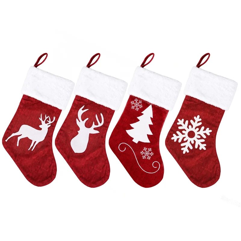 Jingle Jollys 4 Pack Large Velvet Christmas Stockings 46.5cm Red White Decor