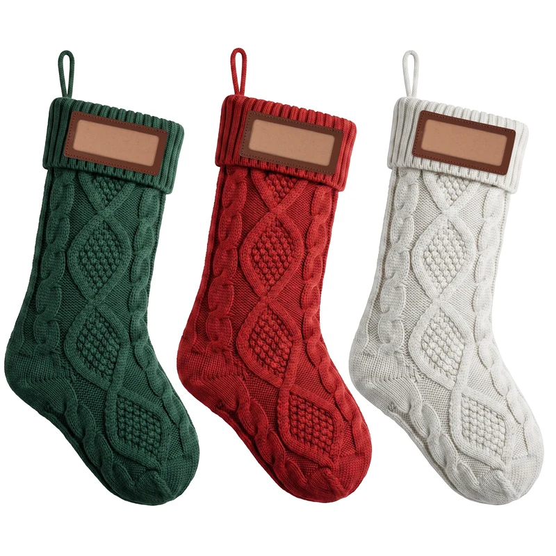 Jingle Jollys 3PCS Personalized Christmas Stockings with Leather Patches 16" Knitted Solid Colour Xmas Decor
