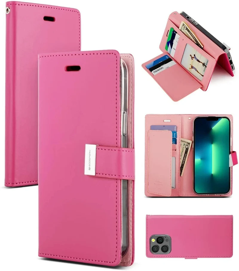 Goospery Rich Diary Case for iPhone 13 - hot pink