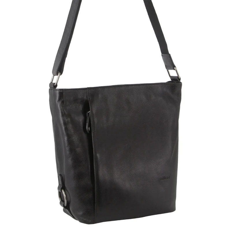 Milleni Women's Nappa Leather Shoulder Crossbody Bag w/Zip 27x30cm Black