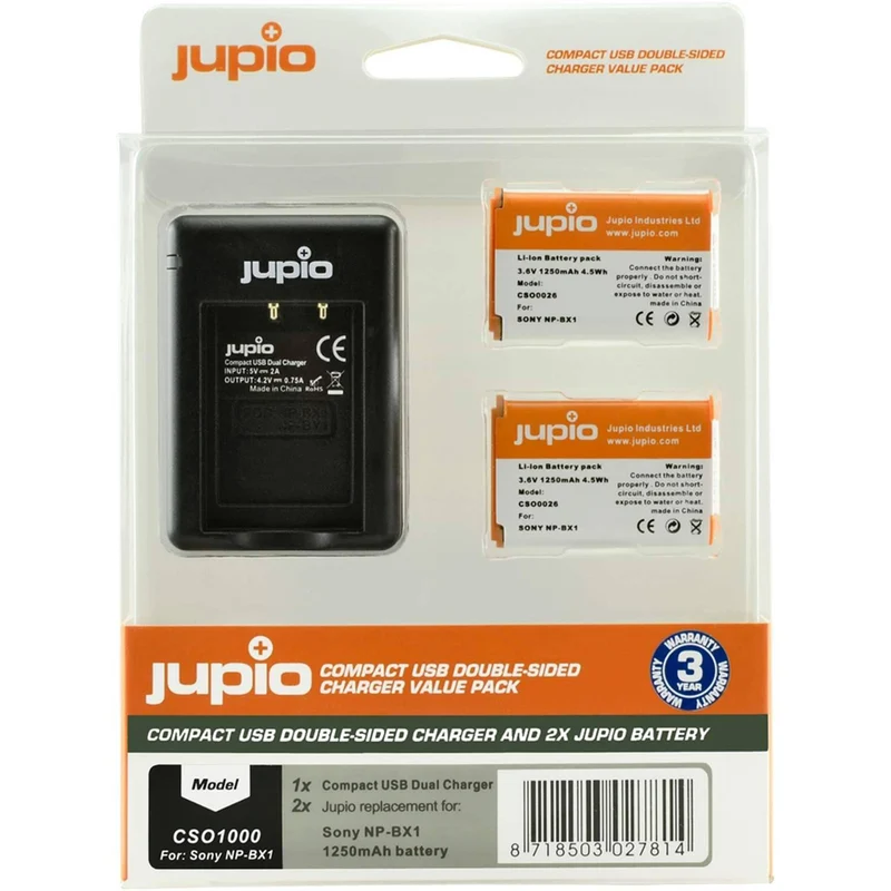 Jupio 2x Batteries 1250mAh & USB Double-Sided Charger Kit For Sony NP-BX1