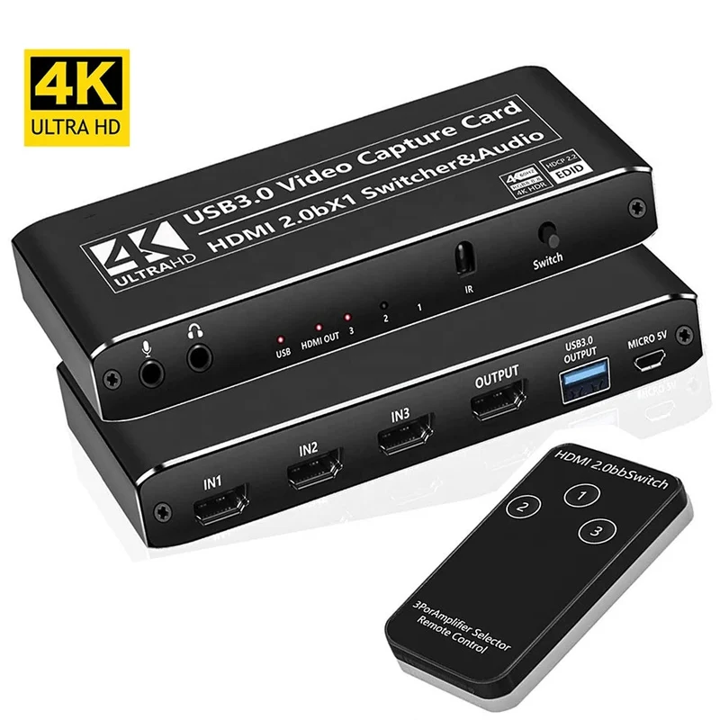 NÖRDIC HDMI Switch 3-till-1 med Video Capture Card