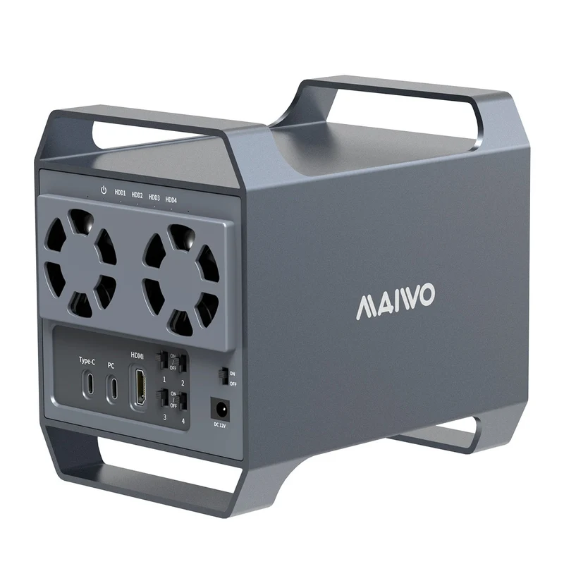 MAIWO 4‑plats DAS-design för 3,5” SATA‑HDD med 2 kylfläktar, USB‑C & 10 Gbps hastighet, ingen RAID