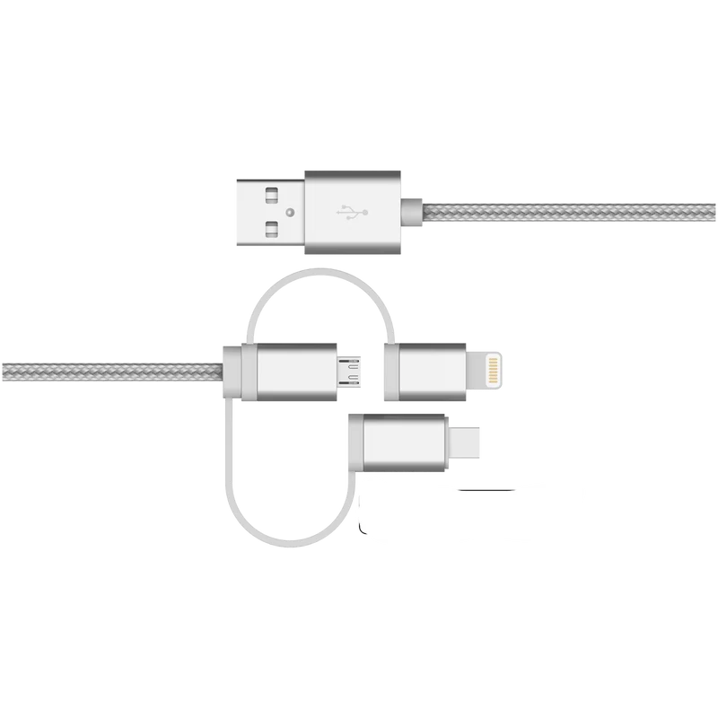 NÖRDIC 3 i 1 Laddningskabel USB A till 1x Non MFI Lightning, 1xUSB C och 1x Mikro USB, Space grey 1m
