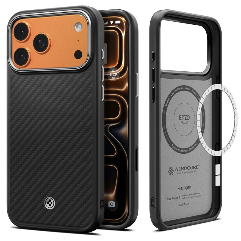 SPIGEN Enzo Aramid Camera Control Button MagSafe Case for iPhone 18 Pro/17 Pro (Black Silver)