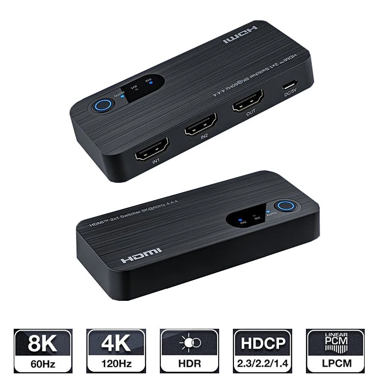 NÖRDIC HDMI 2.1 switch 2 till 1 8K60Hz 4K120Hz 48Gbps HDR HDCP2.3 Surround 7.1 CEC